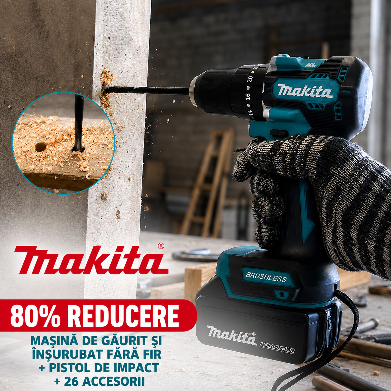 KIT MAKITA: MAȘINĂ DE GĂURIT ȘI ÎNȘURUBAT FĂRĂ FIR + PISTOL DE IMPACT + 26 ACCESORII + 2 ACUMULATORI