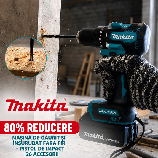 KIT MAKITA: MAȘINĂ DE GĂURIT ȘI ÎNȘURUBAT FĂRĂ FIR + PISTOL DE IMPACT + 26 ACCESORII + 2 ACUMULATORI